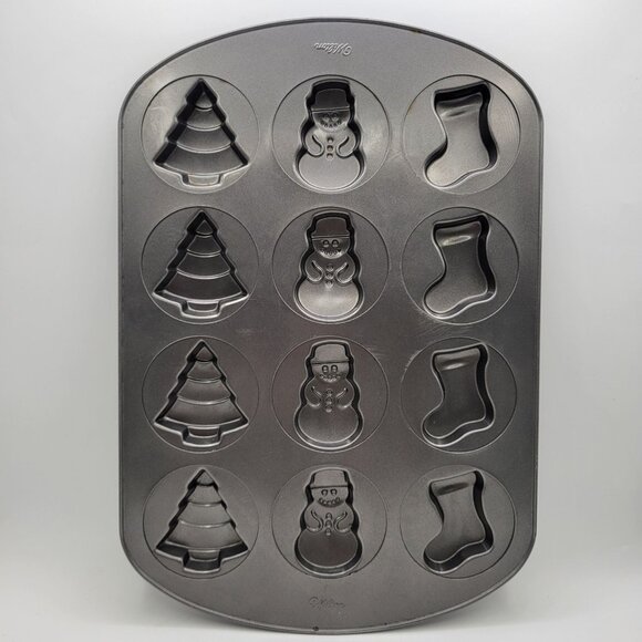 Wilton 12-Cavity Christmas Cookie Pan - Christmas Tree, Snowman, Stocking - Picture 1 of 10